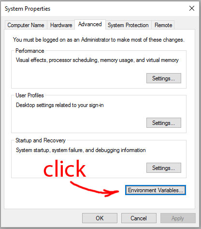 system properties window environment variables