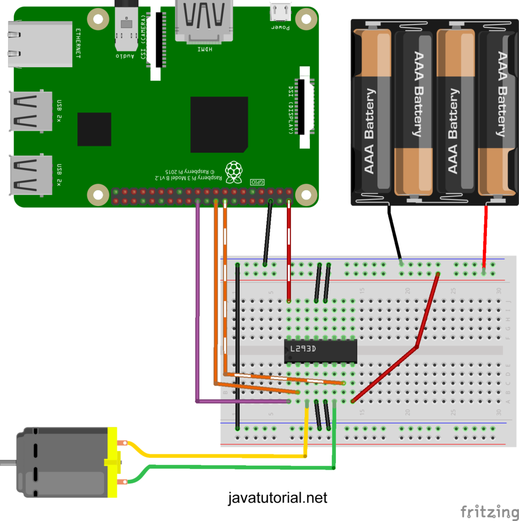 Hardware setup for Raspberry Pi 3 to control one DC motor with L293D and Java in both directions