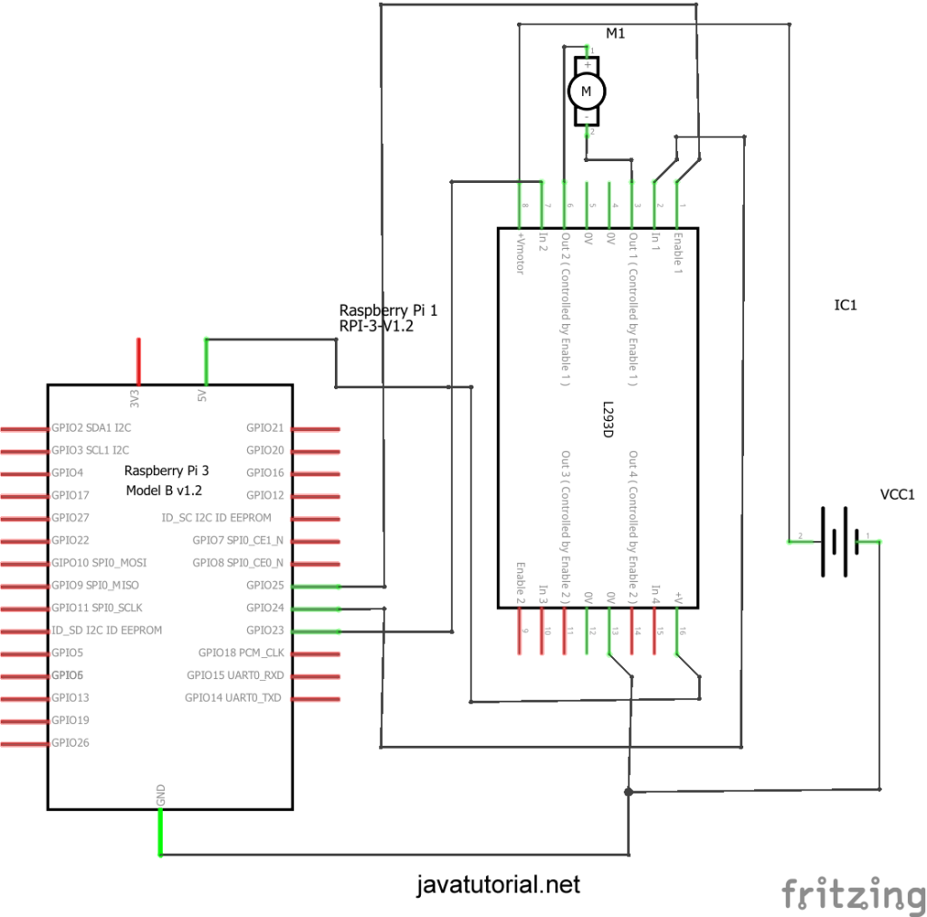 Raspberry Pi and L293D one motor schematic